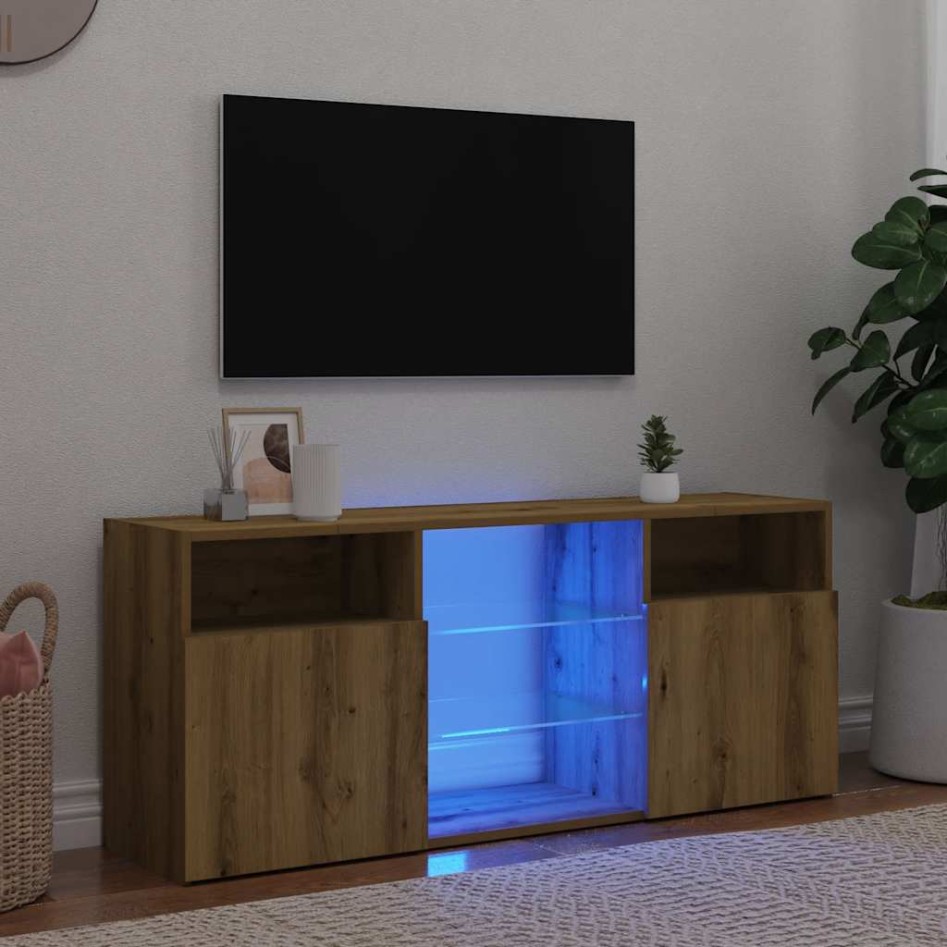 Mueble TV luces LED madera ingeniería roble artisan