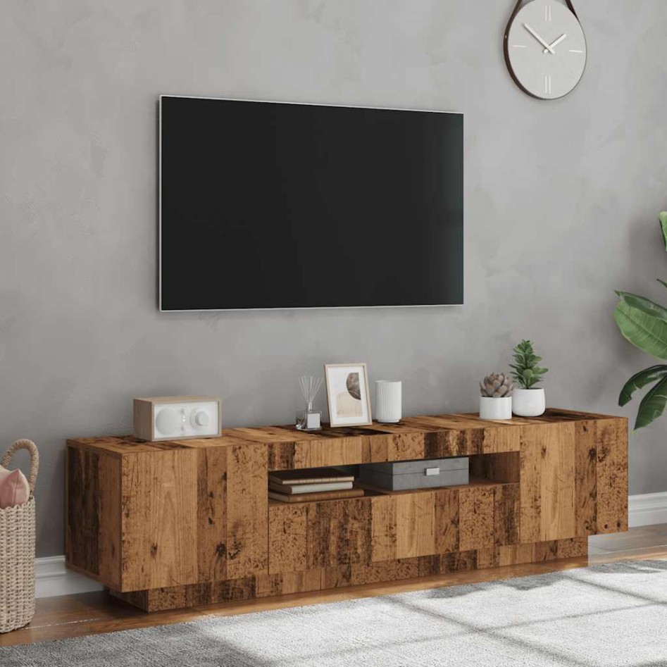 Mueble TV luces LED madera ingeniería envejecida 160x35x40