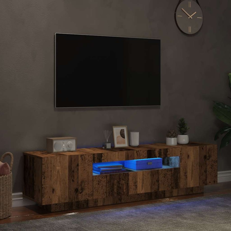 Mueble TV luces LED madera ingeniería envejecida 160x35x40