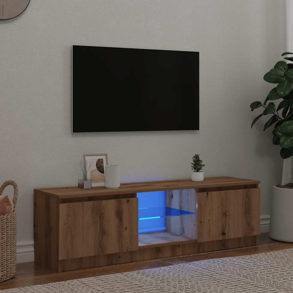 Mueble de TV luces LED madera roble artisan 140x40x35,5