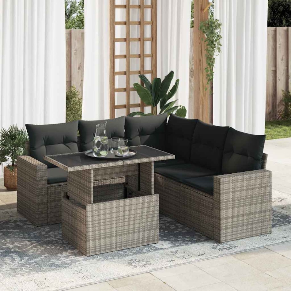 Set de muebles de jardín 6 pzas y cojines ratán sintético