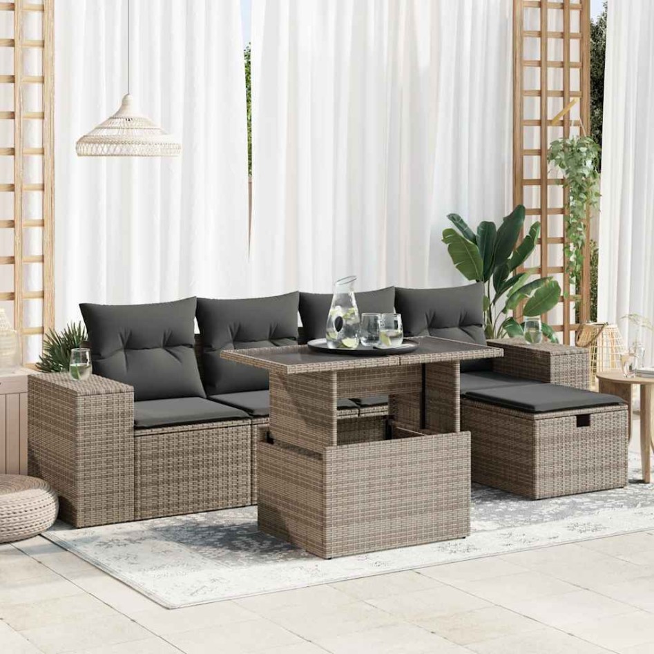 Set de muebles de jardín 6 pzas y cojines ratán sintético