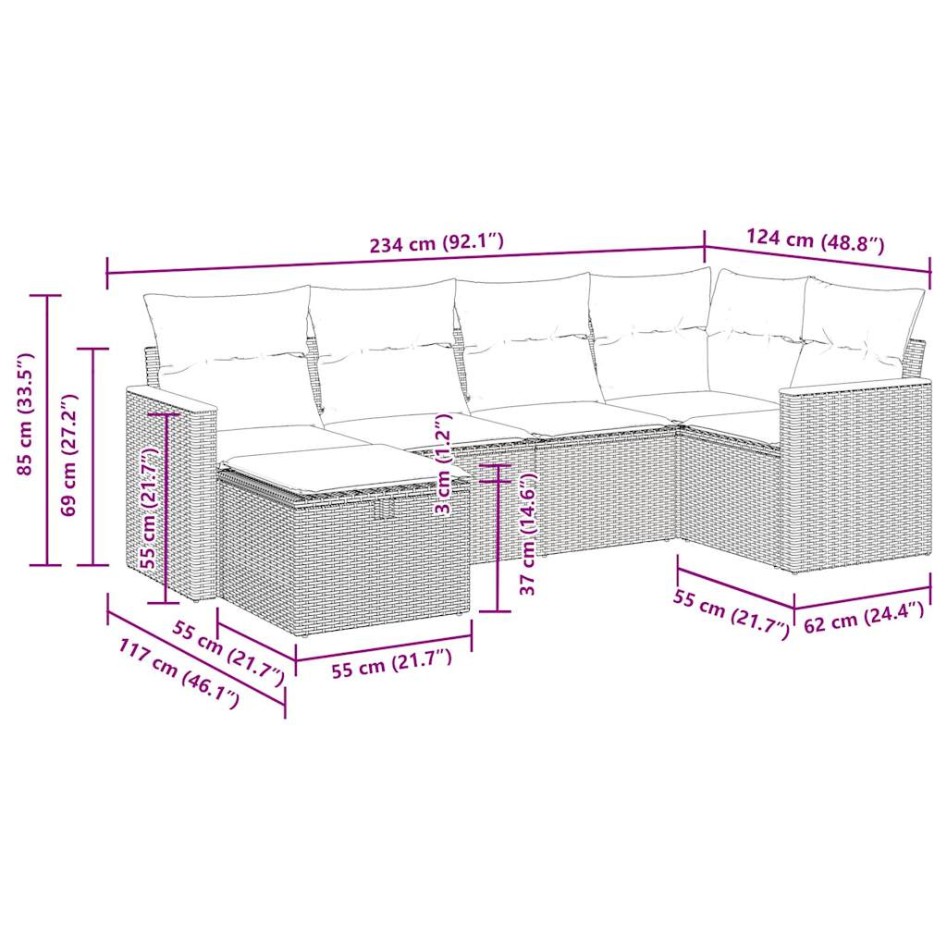 Juego de sofás jardín con cojines 6 pzas ratán sintético