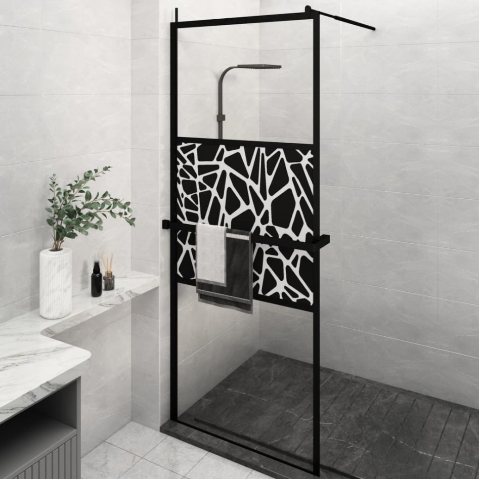 Mampara ducha con estante vidrio ESG y aluminio negro 80x195