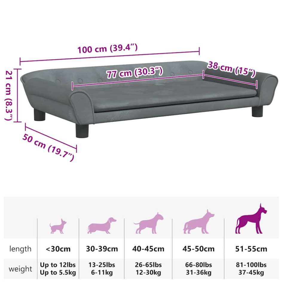Cama para perros de terciopelo gris oscuro 100x50x21