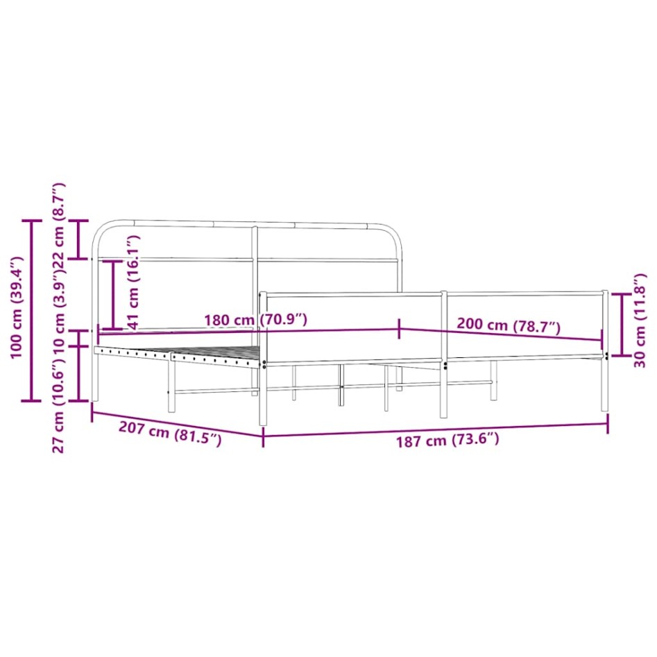 Estructura de cama sin colchón metal roble ahumado 180x200