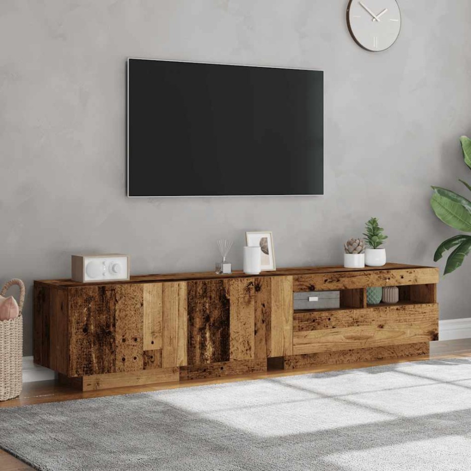 Mueble TV luces LED madera ingeniería envejecida 180x35x40