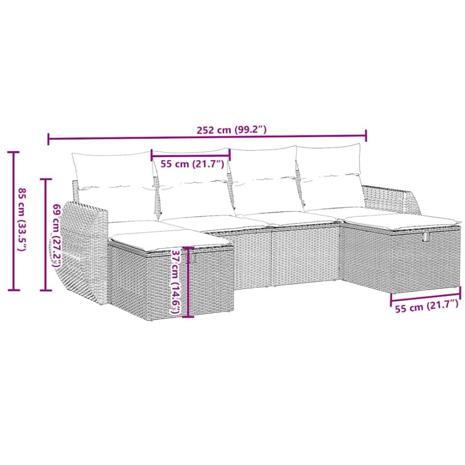 Set de sofás de jardín 6 pzas y cojines ratán sintético