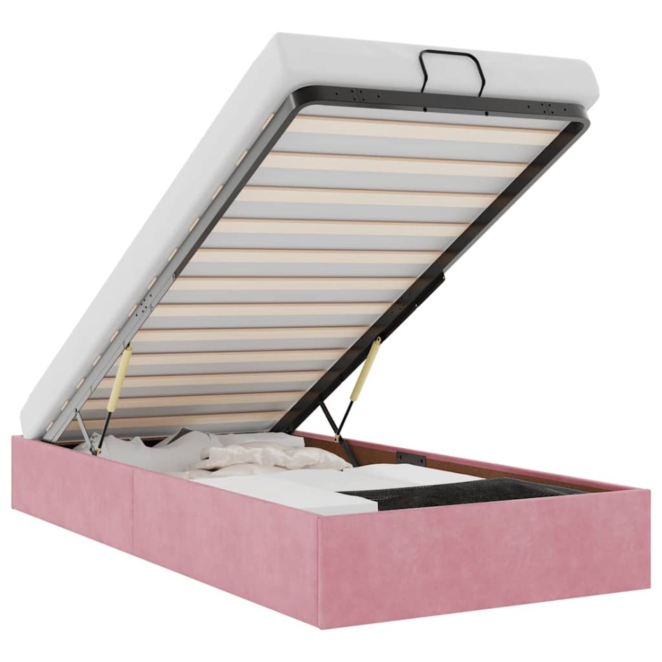 Estructura de cama otomana sin colchón terciopelo rosa