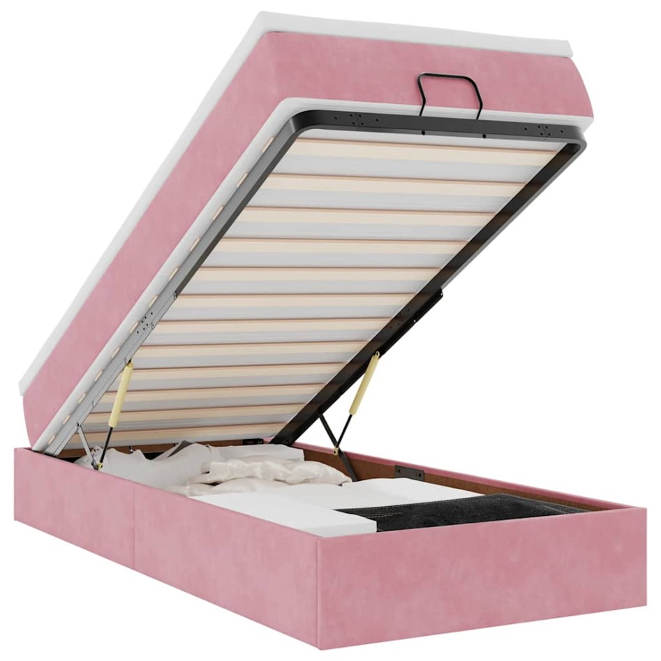 Estructura de cama otomana colchón terciopelo rosa