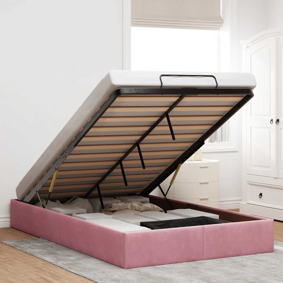 Estructura cama otomana sin colchón terciopelo rosa 120x200