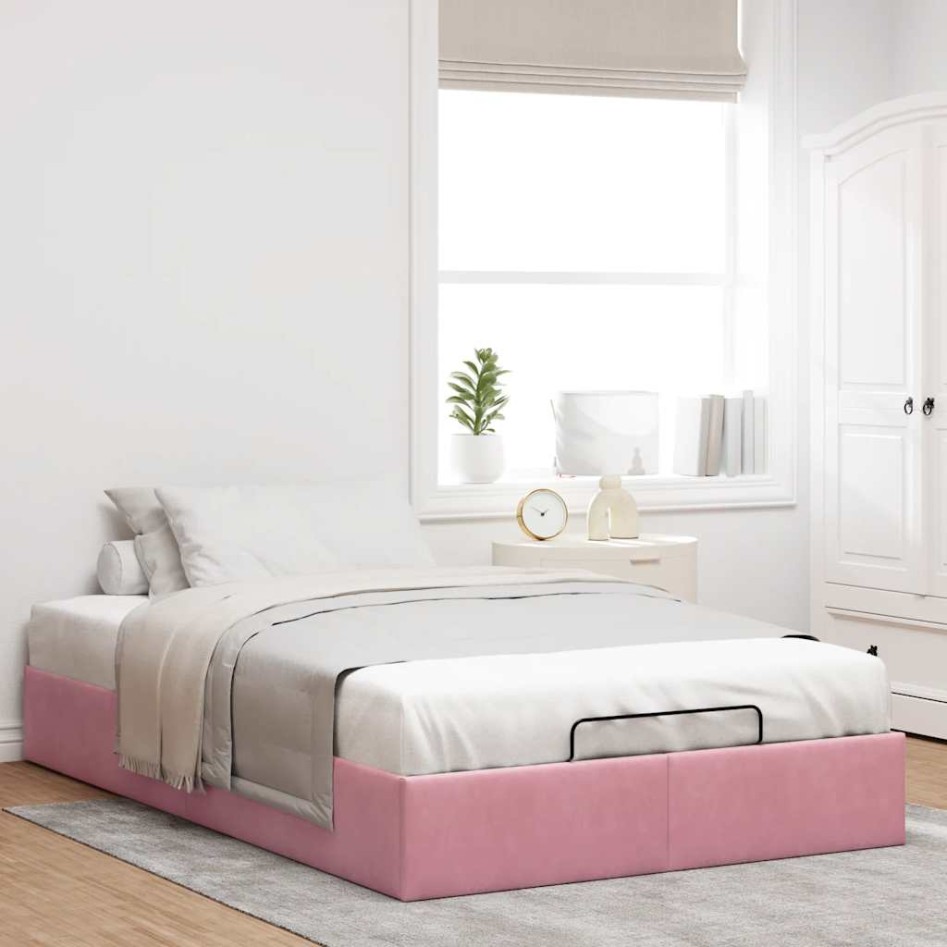Estructura cama otomana sin colchón terciopelo rosa 120x200