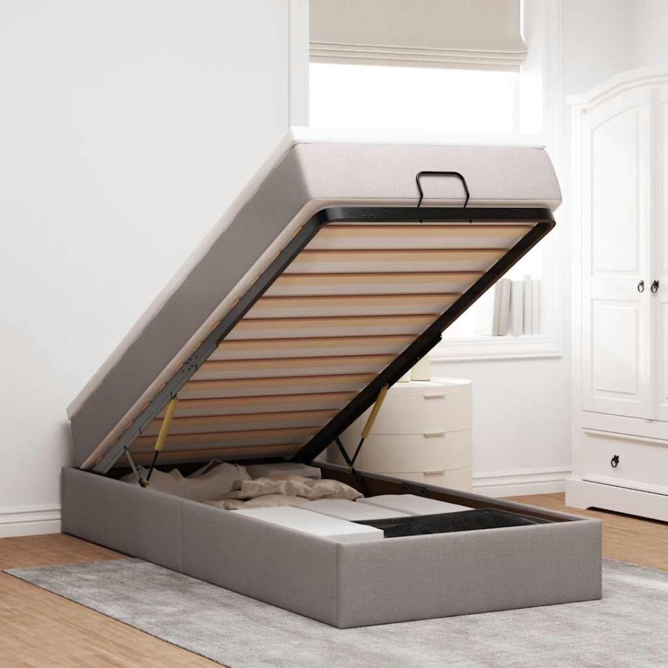 Estructura de cama otomana colchón tela gris pardo