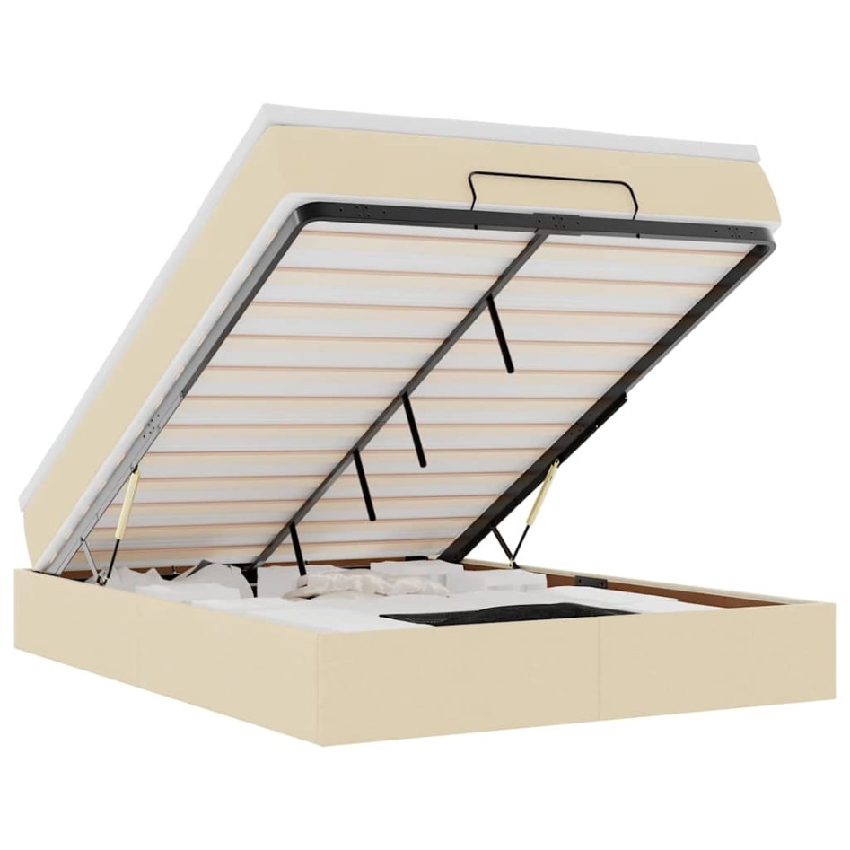 Estructura de cama otomana con colchón tela crema