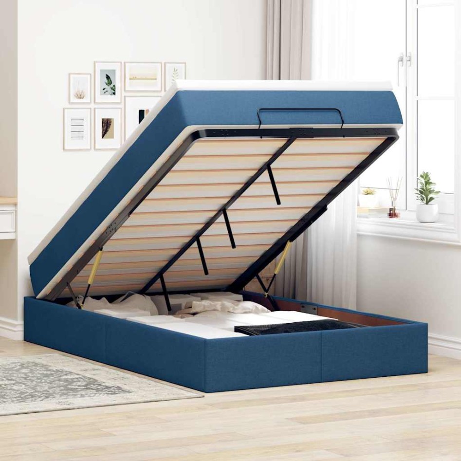 Estructura de cama otomana con colchón tela azul