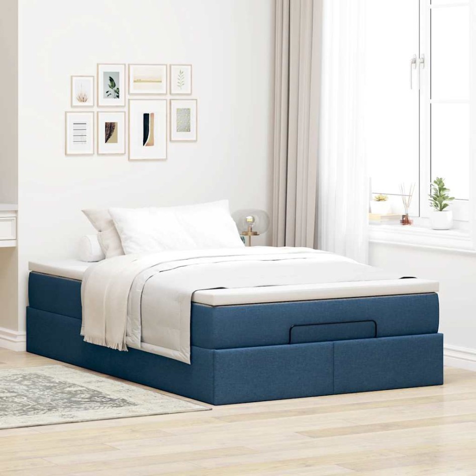 Estructura de cama otomana con colchón tela azul