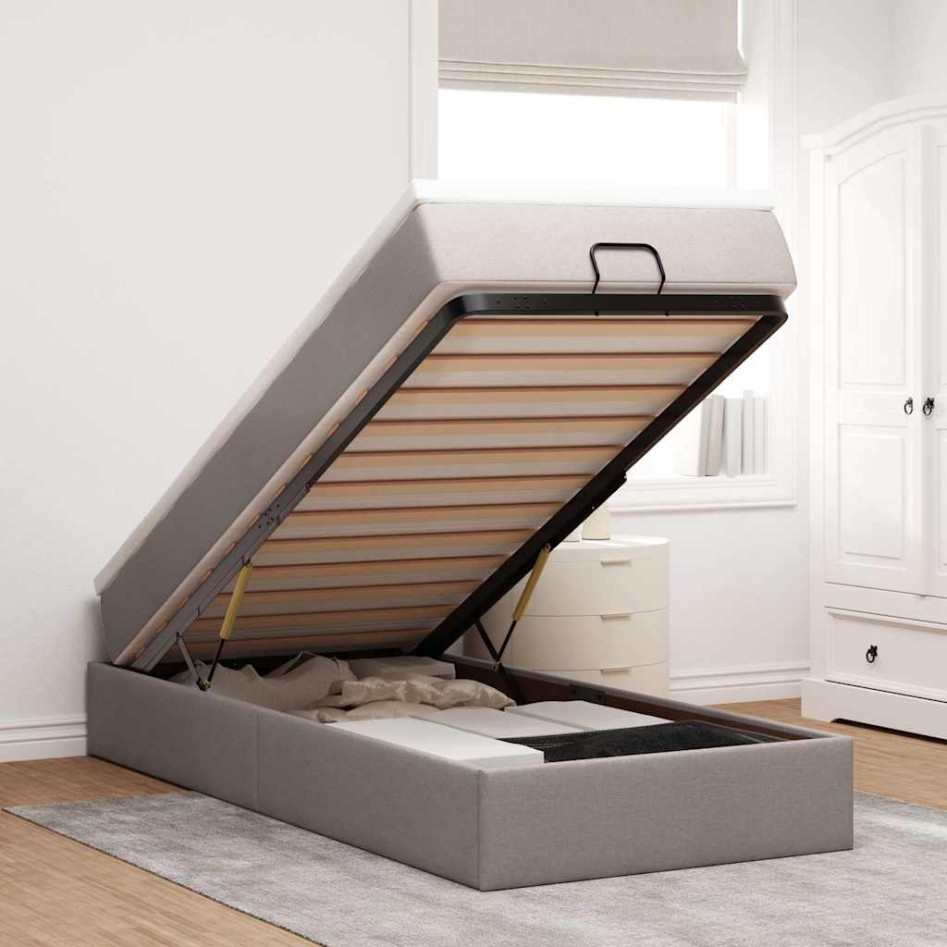 Estructura de cama otomana colchón tela gris pardo