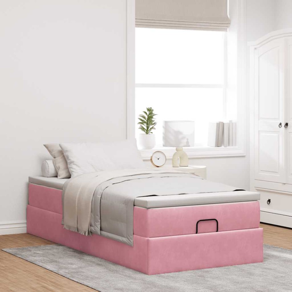 Estructura cama otomana con colchón terciopelo rosa