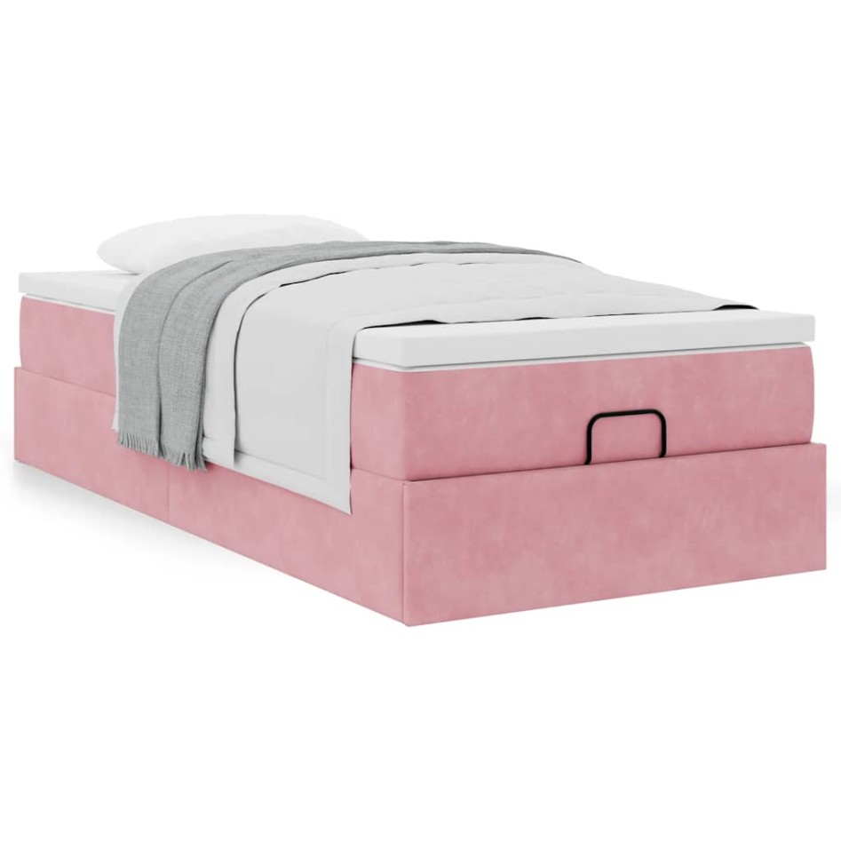 Estructura cama otomana con colchón terciopelo rosa