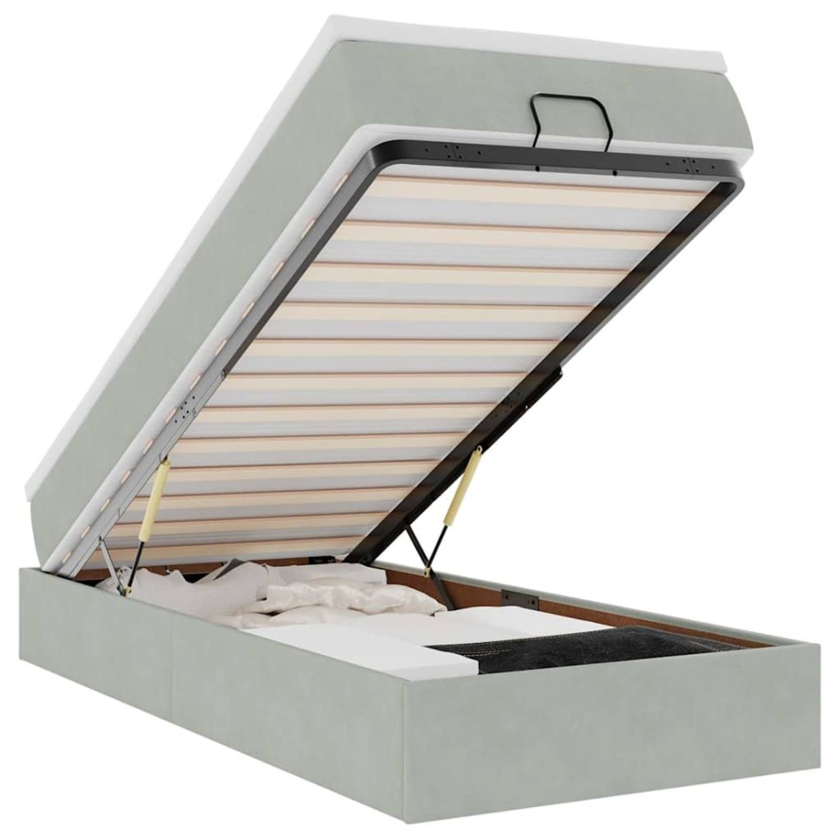 Estructura cama otomana colchón terciopelo gris claro