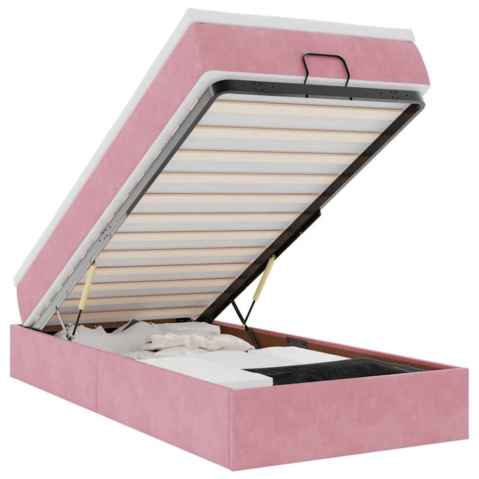 Estructura de cama otomana colchón terciopelo rosa