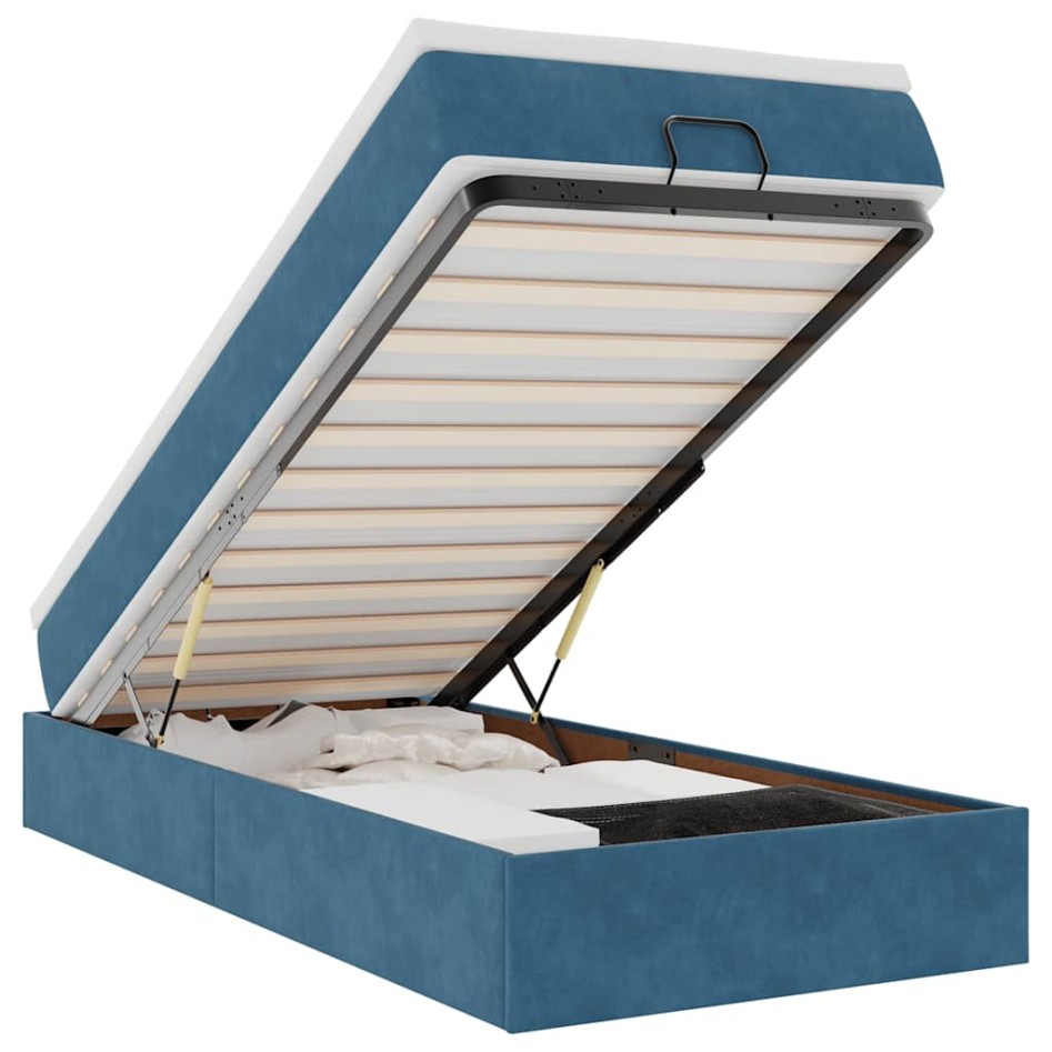 Estructura cama otomana colchón terciopelo azul