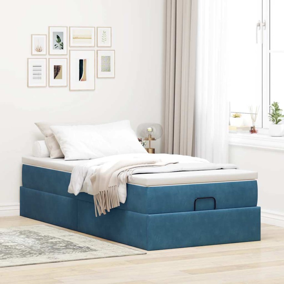 Estructura cama otomana colchón terciopelo azul