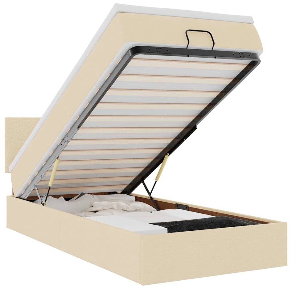 Cama otomana con colchón y luces LED tela crema 90x200