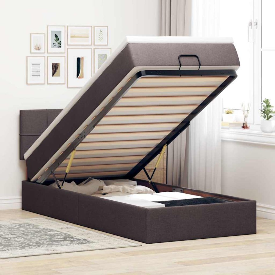 Cama otomana con colchón y LED tela marrón oscuro 90x200