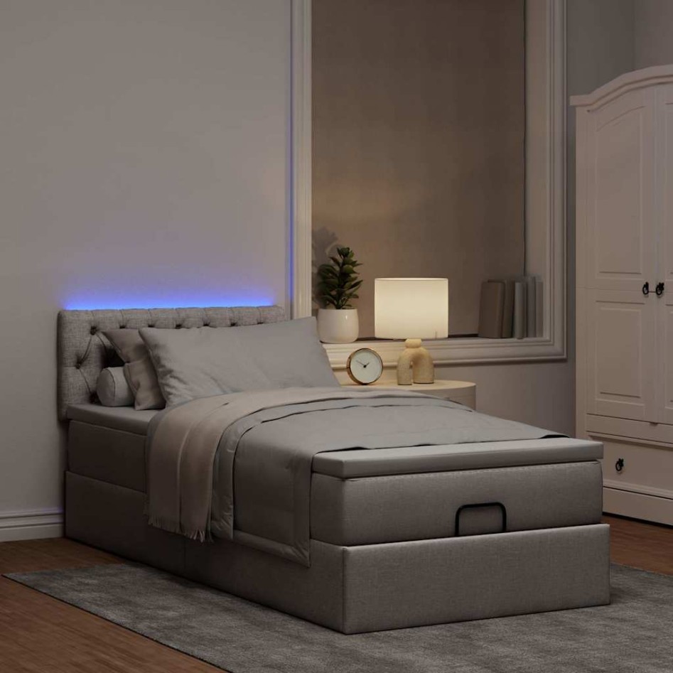 Cama otomana con colchón y luces LED tela gris taupé 90x200