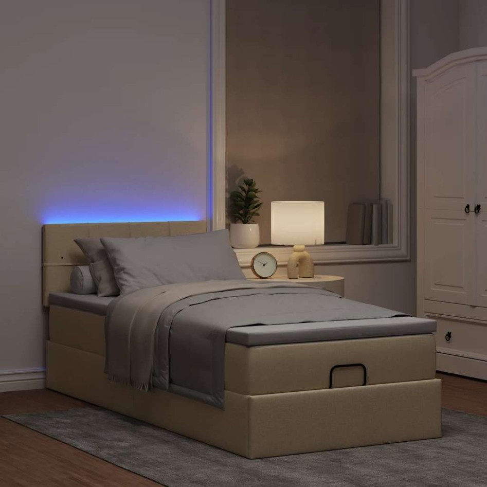 Cama otomana con colchón y luces LED tela crema 90x200