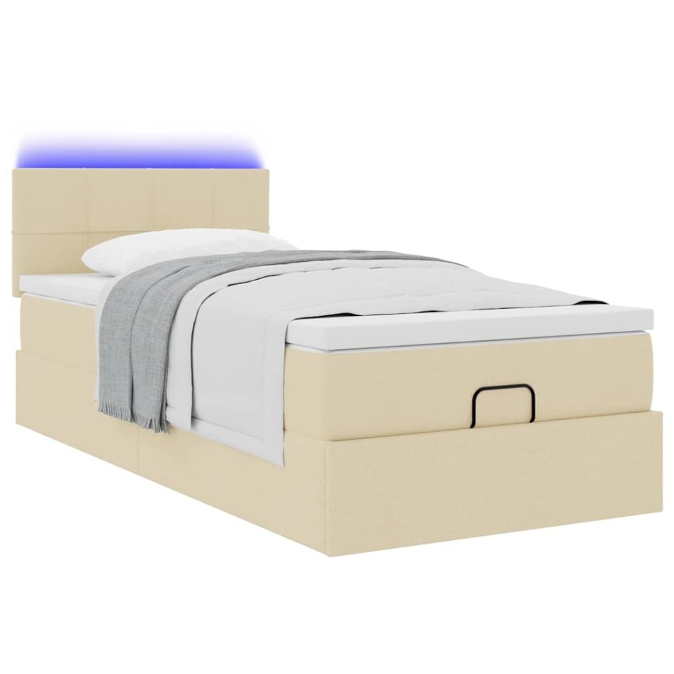 Cama otomana con colchón y luces LED tela crema 90x200