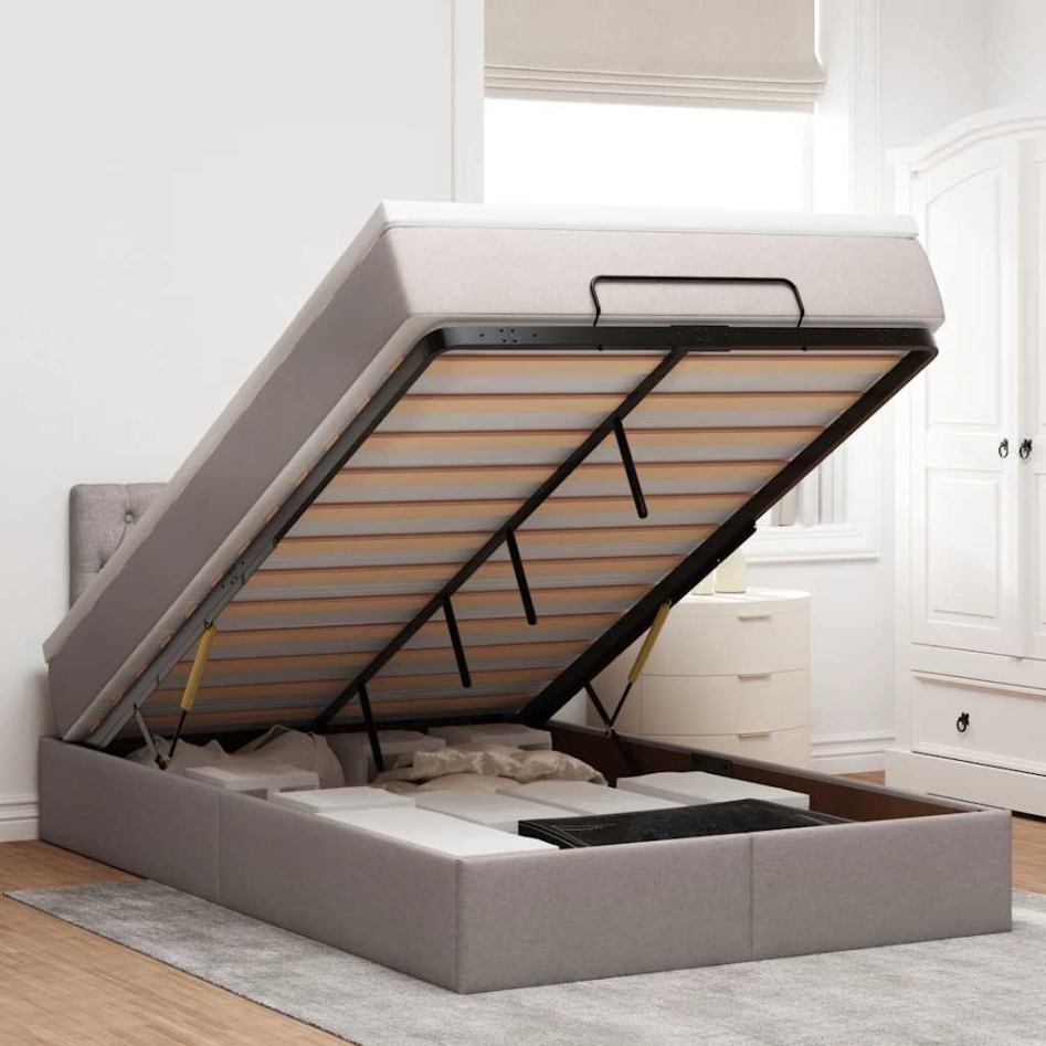Estructura de cama otomana colchón tela gris pardo