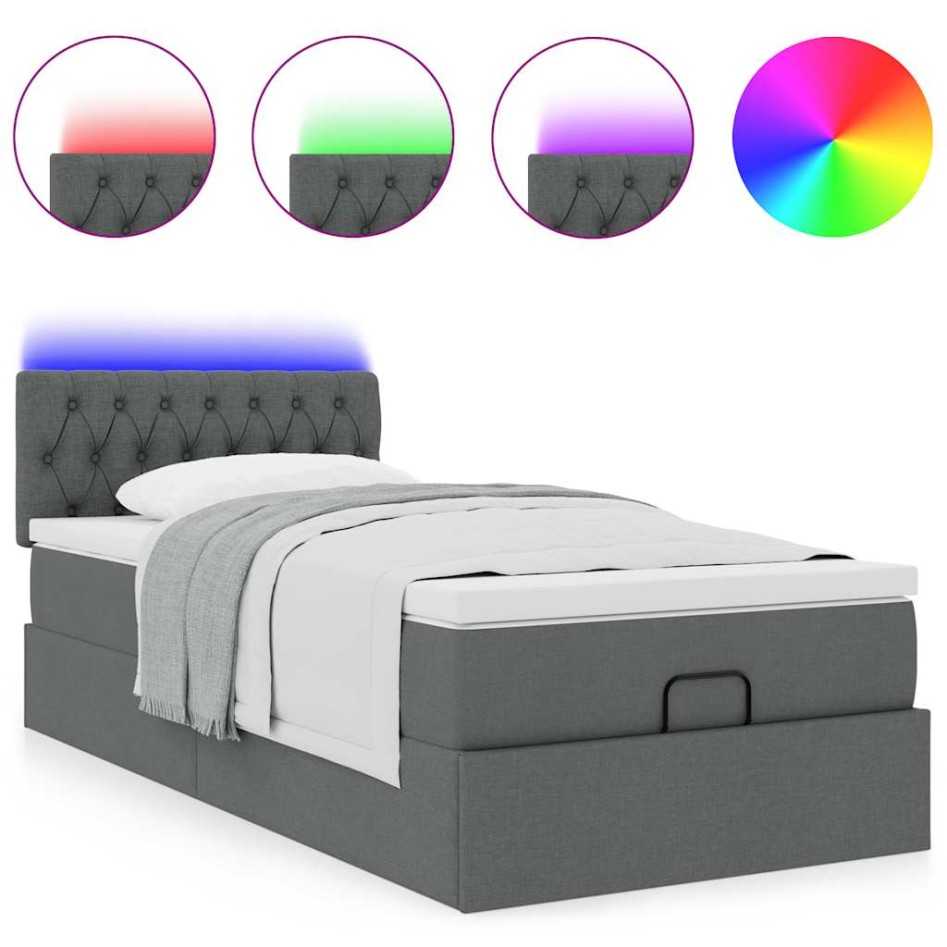 Cama otomana con colchón y LED tela gris oscuro