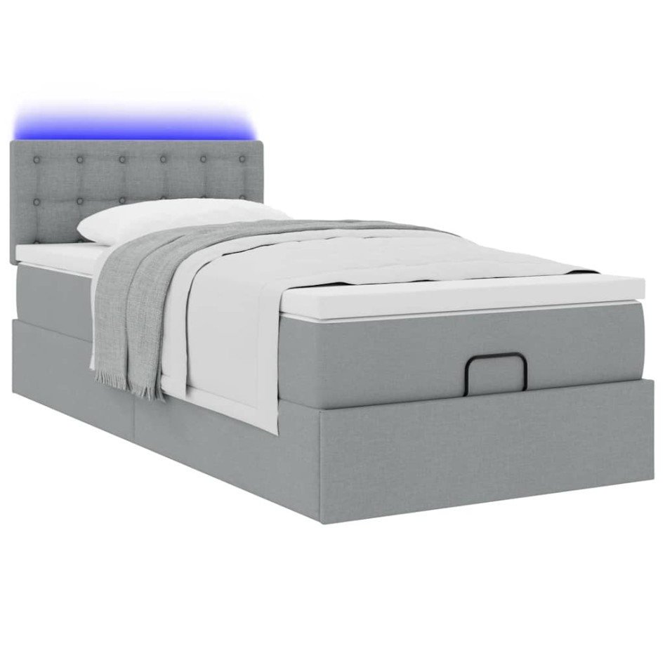 Cama otomana con colchón y LED tela gris claro