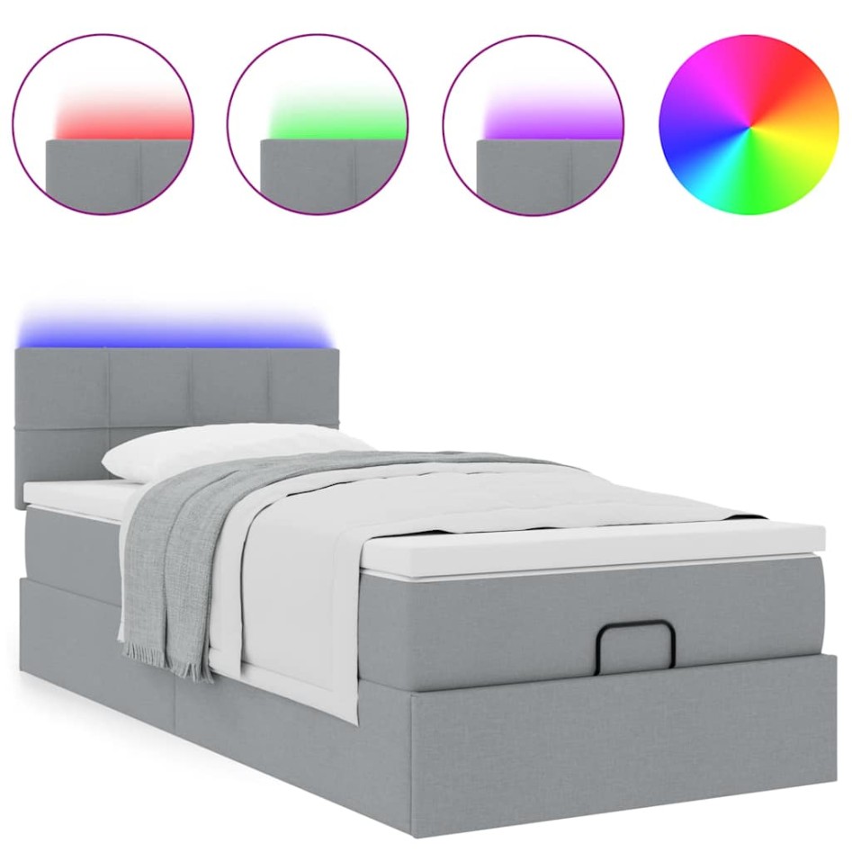 Cama otomana con colchón y LED tela gris claro
