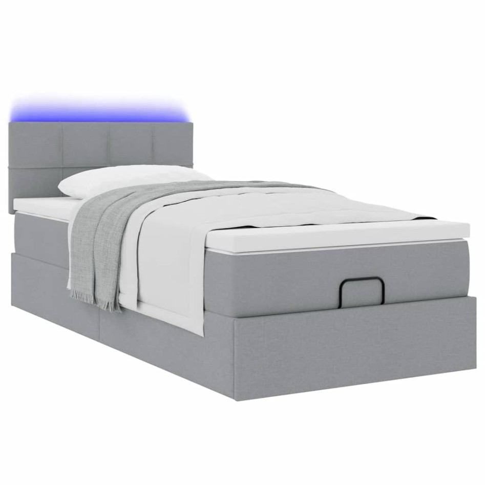 Cama otomana con colchón y LED tela gris claro