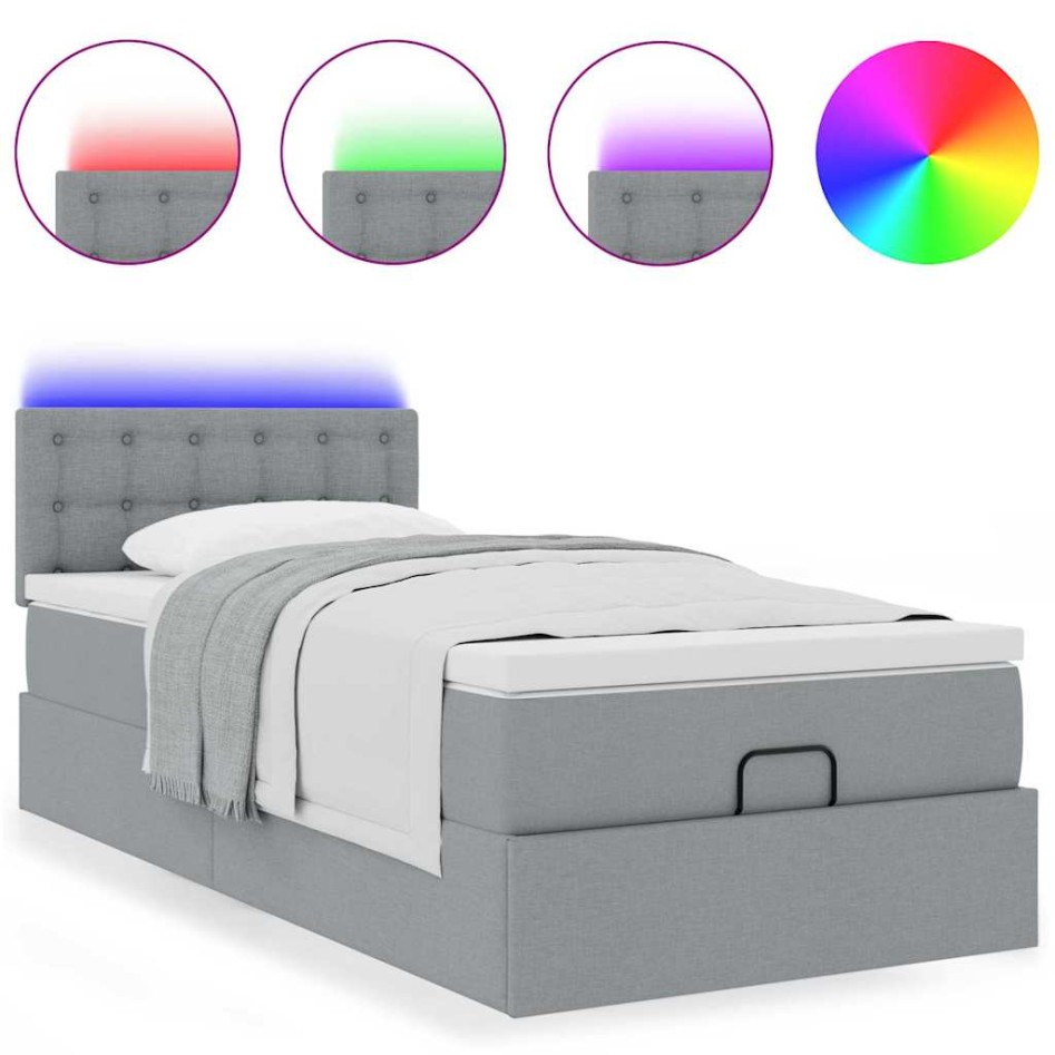 Cama otomana con colchón y LED tela gris claro 90x200