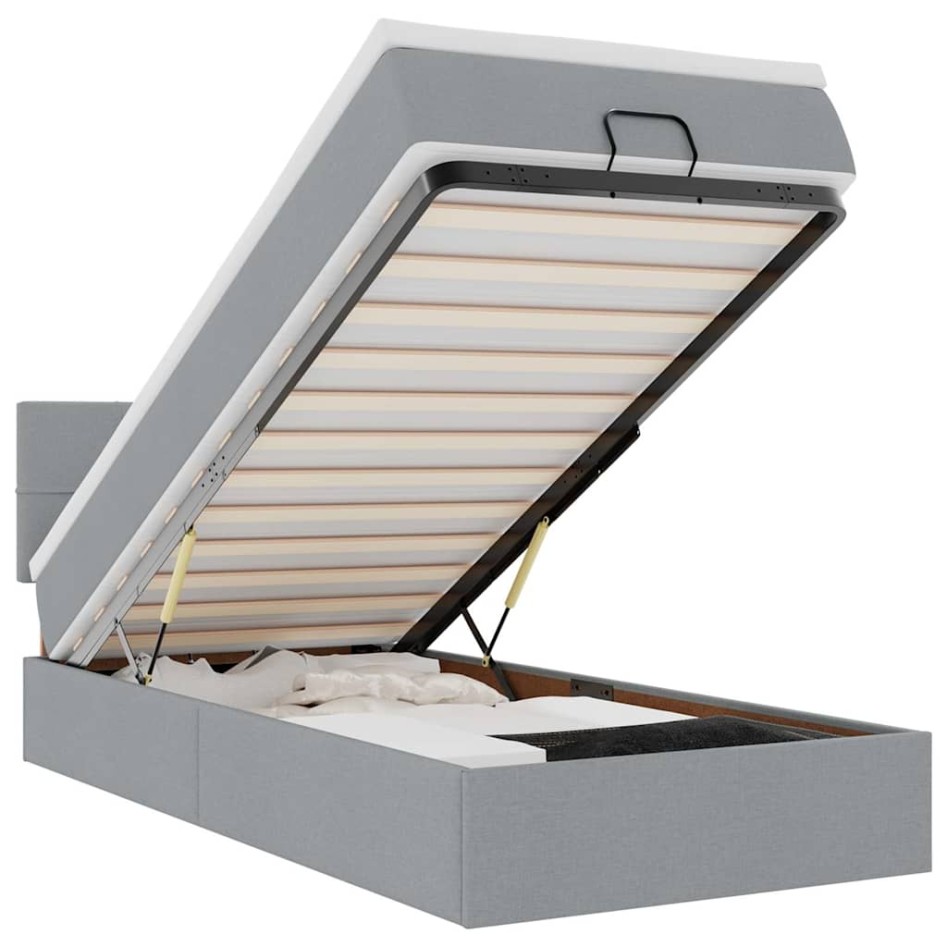 Cama otomana con colchón y LED tela gris claro 90x200