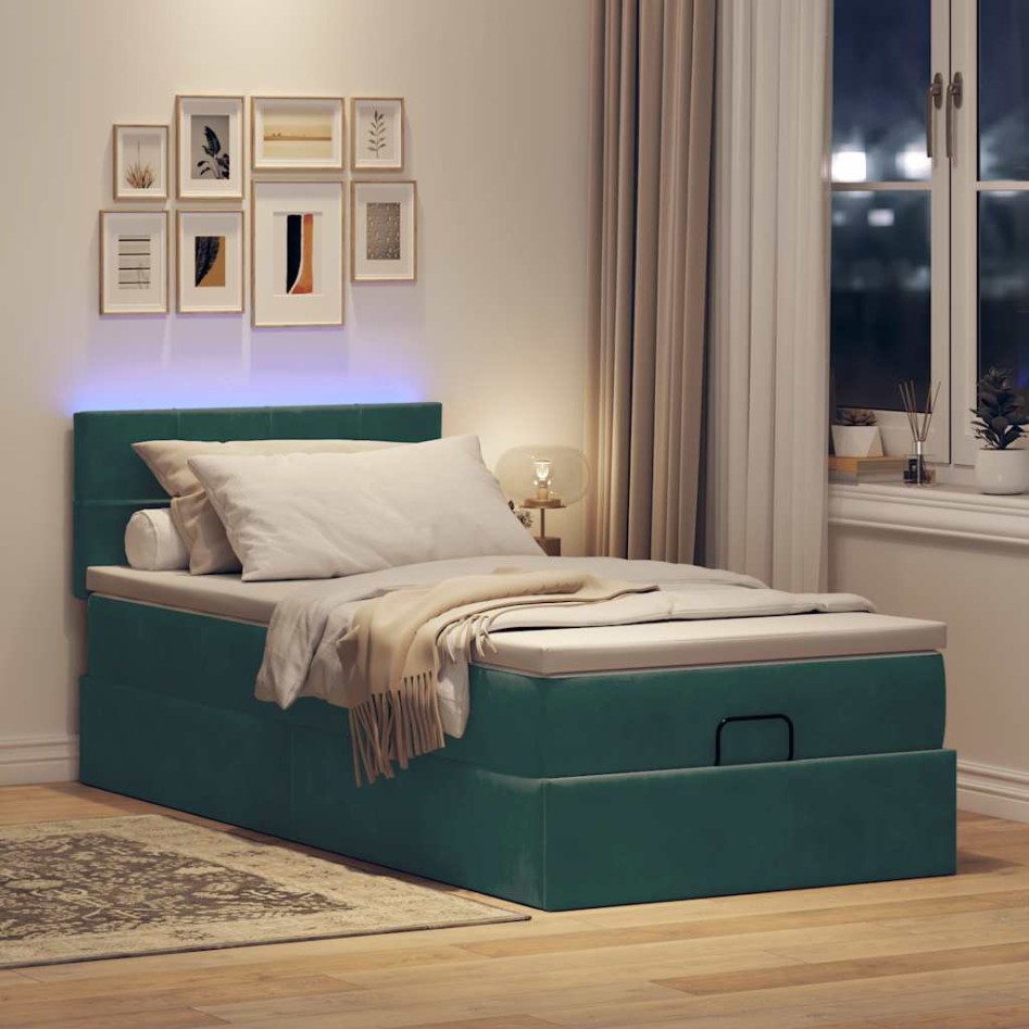 Cama otomana con colchón y LED terciopelo verde oscuro