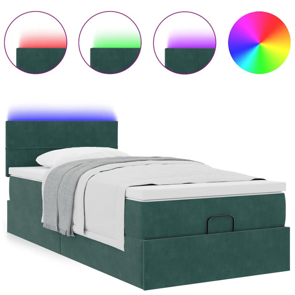 Cama otomana con colchón y LED terciopelo verde oscuro