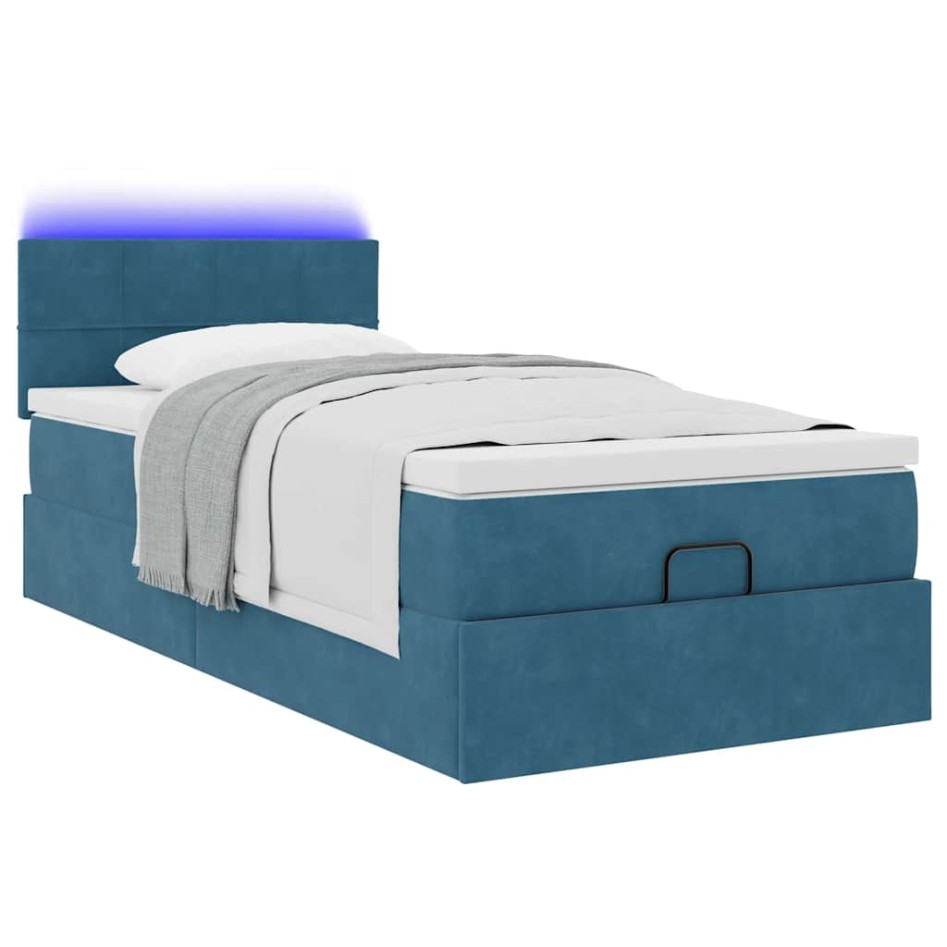 Estructura de cama otomana colchón terciopelo azul