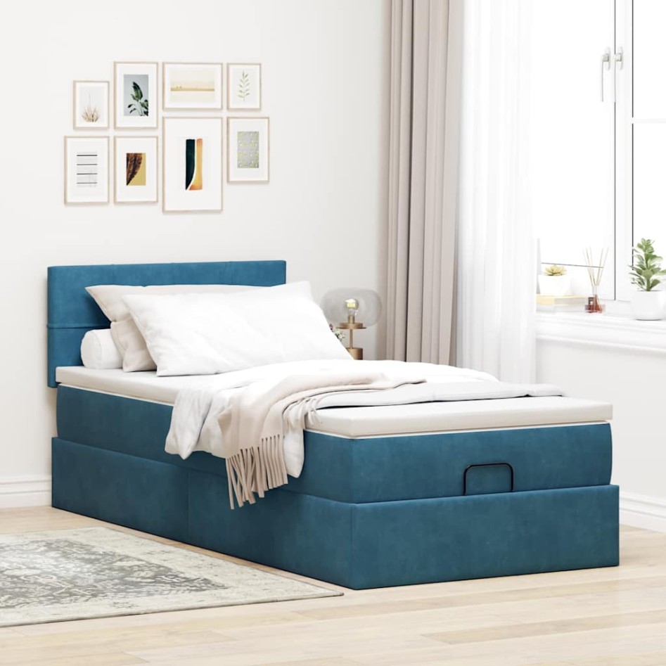 Estructura de cama otomana colchón terciopelo azul