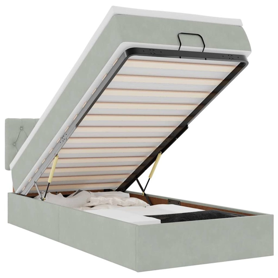 Estructura cama otomana colchón terciopelo gris claro