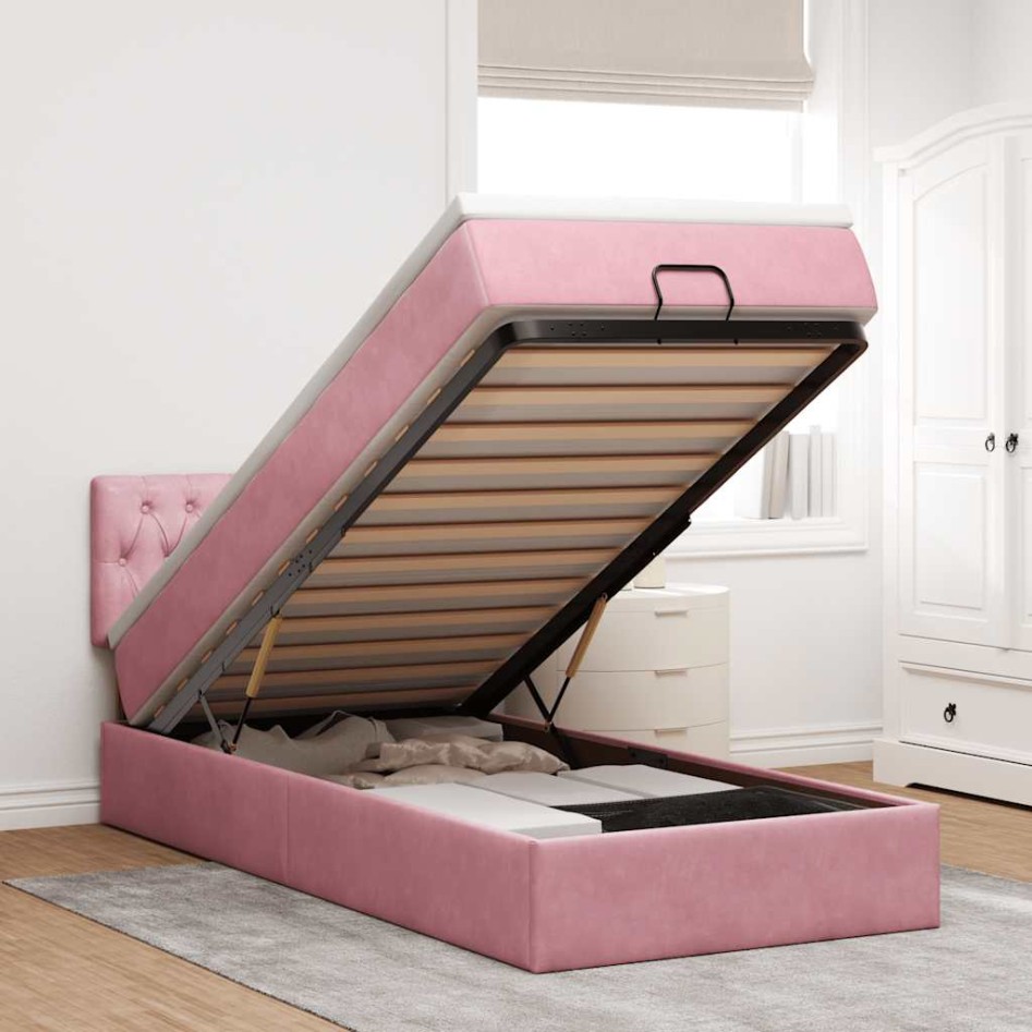 Cama otomana con colchón y LED terciopelo rosa 80x200