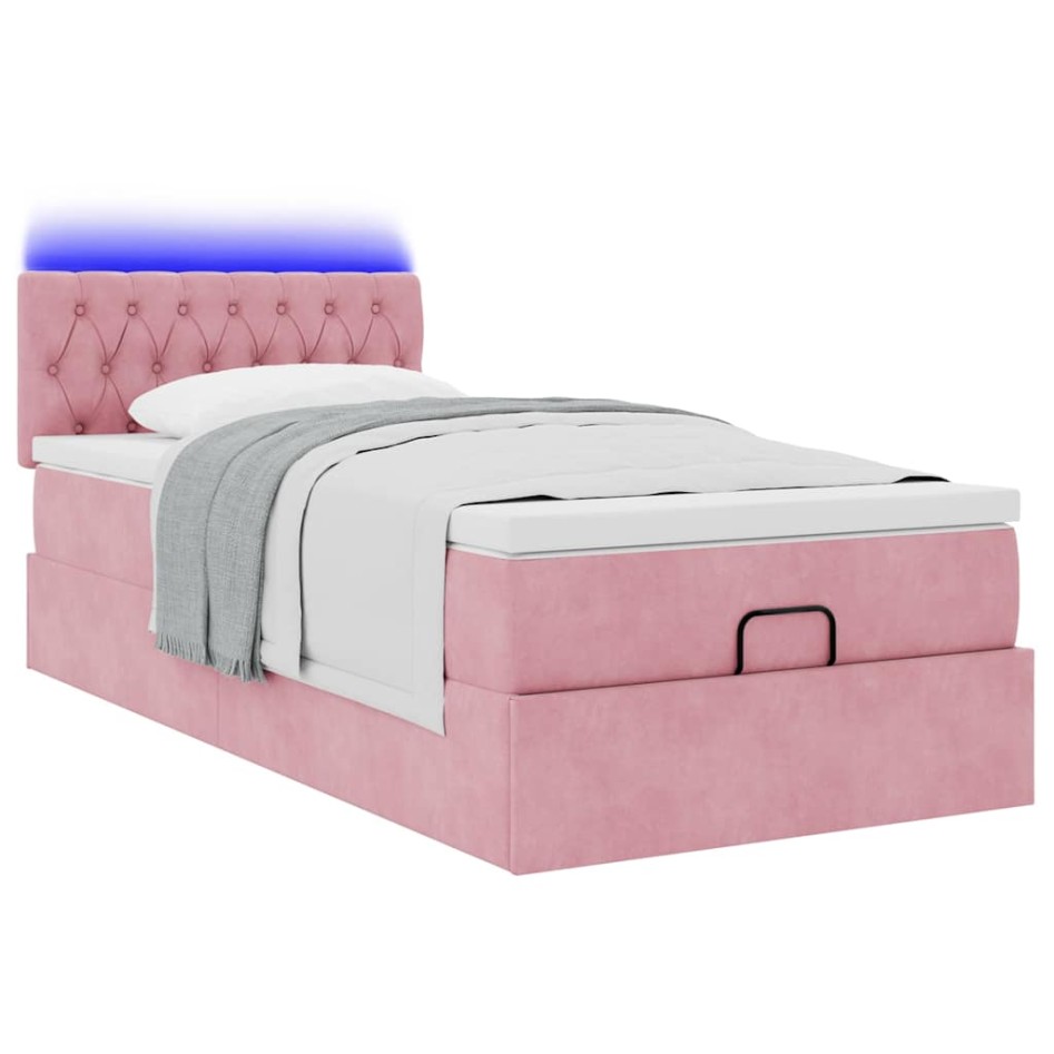 Cama otomana con colchón y LED terciopelo rosa 80x200