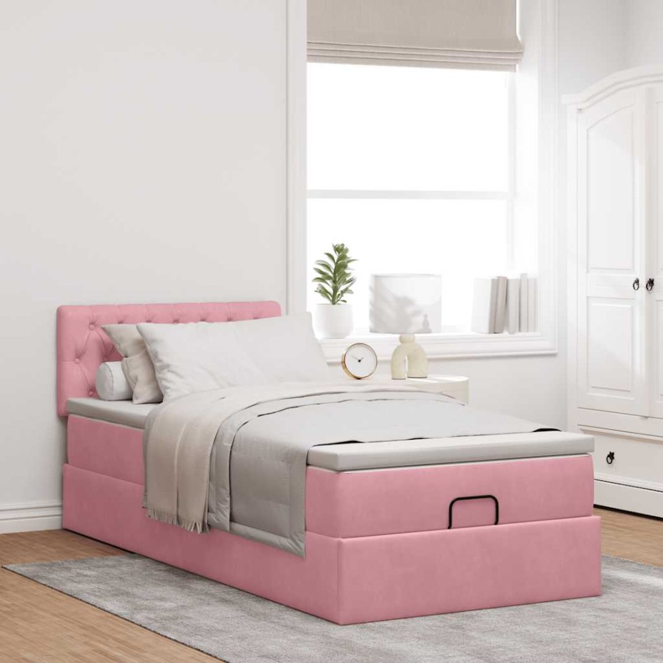 Cama otomana con colchón y LED terciopelo rosa 80x200