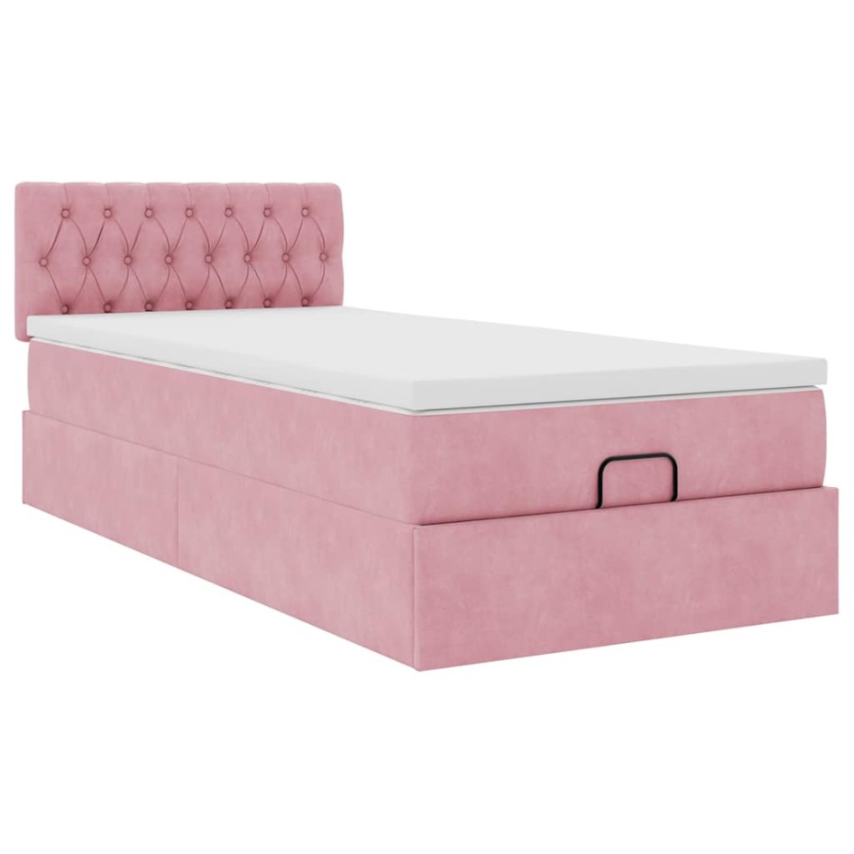 Cama otomana con colchón y LED terciopelo rosa 80x200