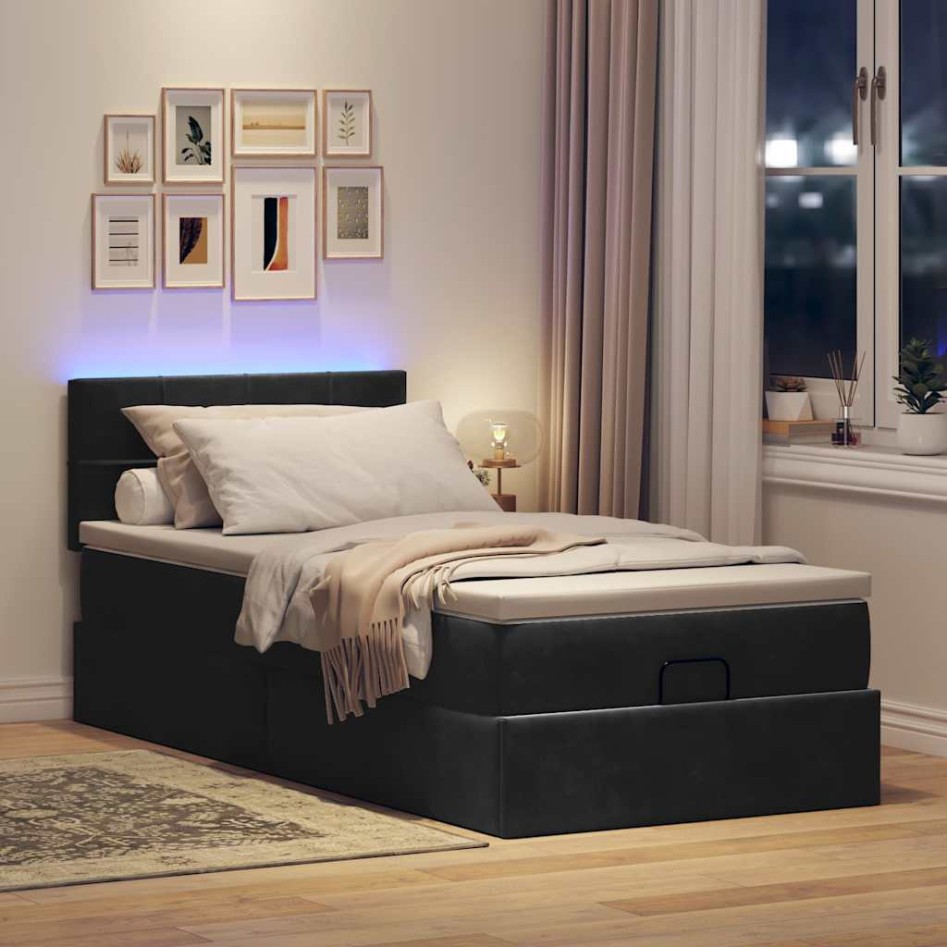 Cama otomana con colchón y luces LED terciopelo negro