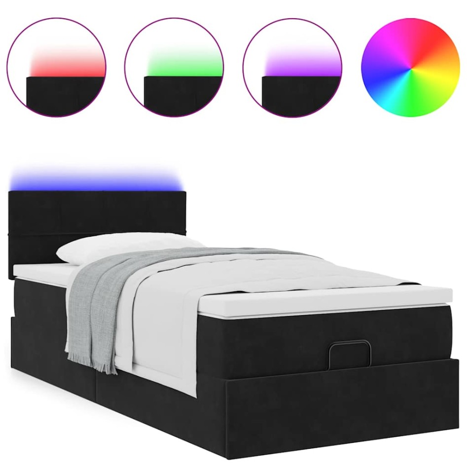 Cama otomana con colchón y luces LED terciopelo negro